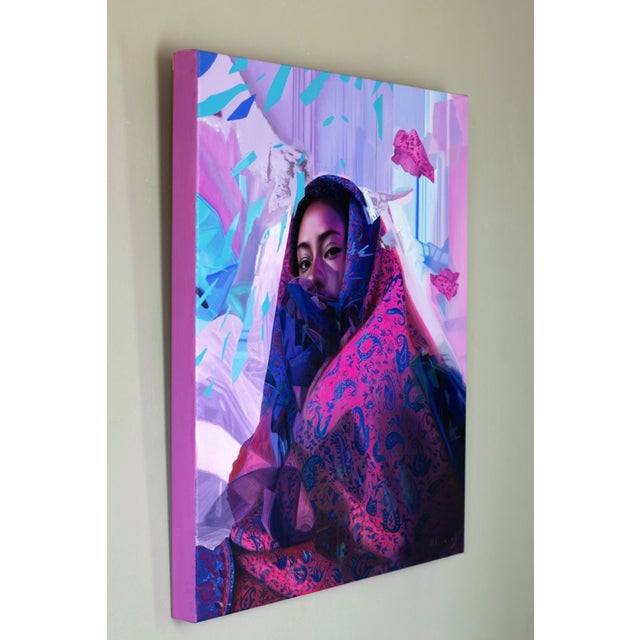 Contemporary Píntame angelitos negros by Jessica Oliveras | Oil, oil stick and marker on linen portrait of a woman in a colorful shawl For Sale - Image 3 of 5