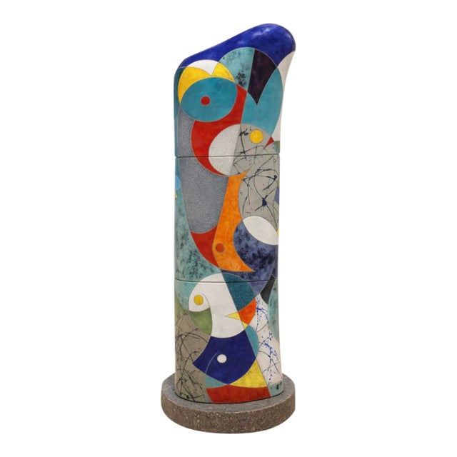 "Call the Sea" by Michael Gustavson, Large Raku Ceramic Column Sculpture for Garden or Indoors, Contemporary California Art, Vibrant Colors For Sale