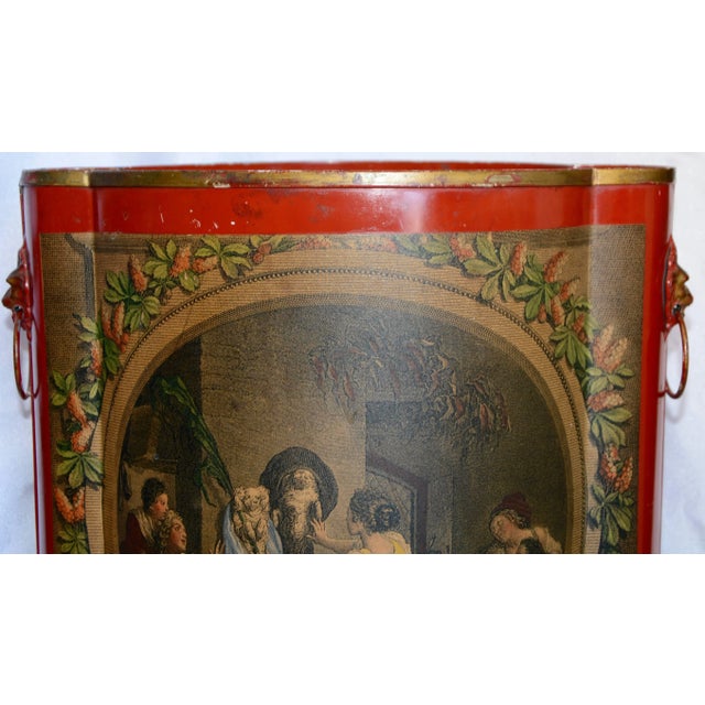 Midcentury Red Footed Tole Tin Waste Basket With Decoupage Print For Sale - Image 9 of 13