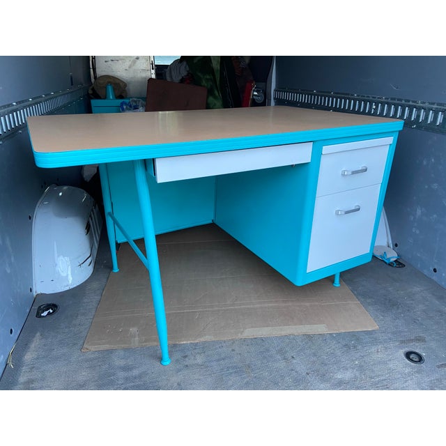 1960s Vintage Mid Century Modern Teachers Metal Tanker Desk For Sale - Image 5 of 12