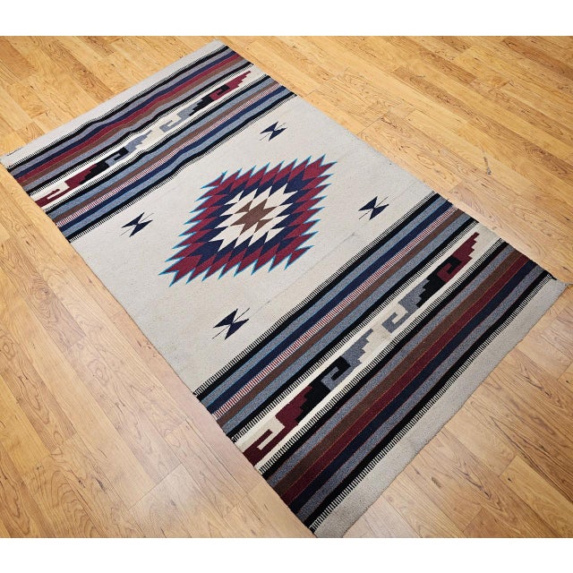 Vintage American Southwestern Saltillo Kilim Rug, Medallion & Striped Pattern, Ivory & Red, 5x7 For Sale - Image 15 of 18