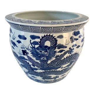 Chinoiserie Blue and White Dragon Porcelain Fishbowl Planter For Sale
