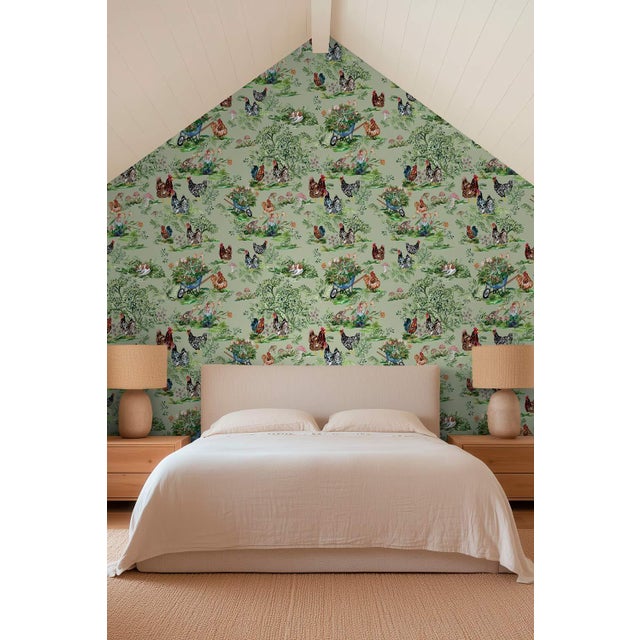 Cluckingham Farm Toile Grasscloth Wallpaper by House Party | Green Grass | 6 Yards For Sale - Image 4 of 9