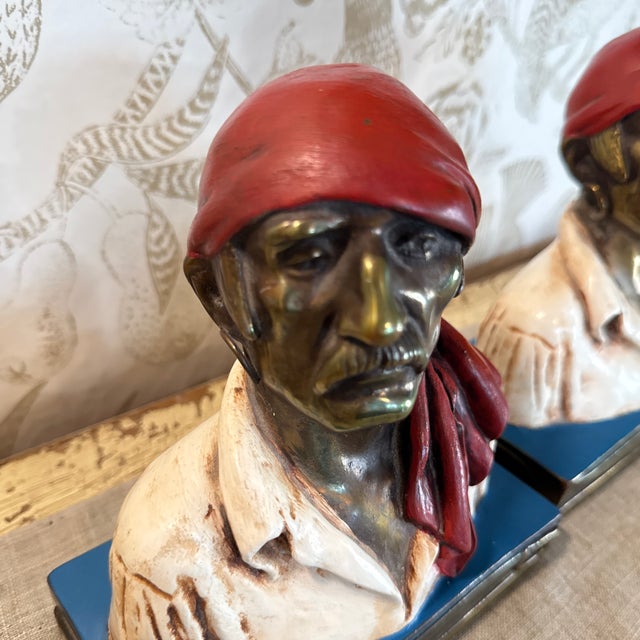 Pair of Vintage Paul Herzel Cast Bronzed Metal Pirate Buccaneer Bookends Signed For Sale - Image 12 of 12