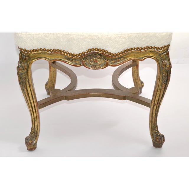 Mid 20th Century Hand-Carved Rococo Louis XV Giltwood Side Chair Bouclé Upholstery Cabriole Legs For Sale - Image 9 of 15
