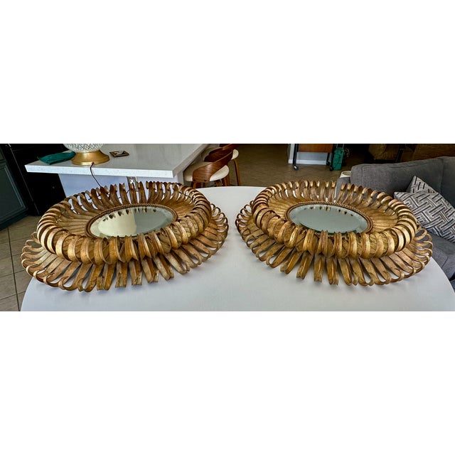 Pair Gilt Metal Eyelash Sunburst Convex Wall Mirrors For Sale - Image 9 of 18