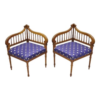 Early 20th Century Antique French Louis XVI Style Carved Walnut Lyre Harp Corner Chairs - a Pair For Sale