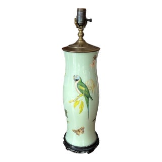 1960s English Hand Rendered Decalcomania Regency Style Table Lamp With Birds and Butterflies For Sale