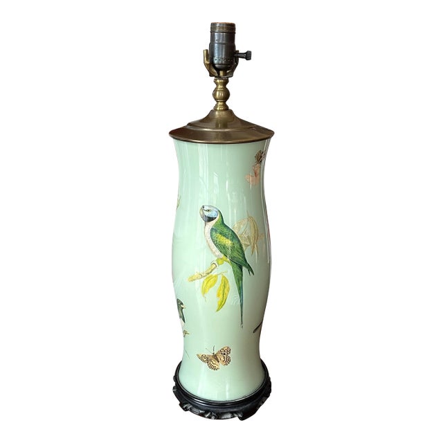 1960s English Hand Rendered Decalcomania Regency Style Table Lamp With Birds and Butterflies For Sale