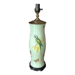 1960s English Hand Rendered Decalcomania Regency Style Table Lamp With Birds and Butterflies