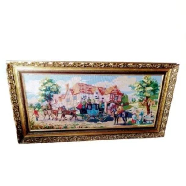 1950s Large Vintage Hand Crafted French Countryside Needlepoint Framed Wall Art For Sale - Image 5 of 6