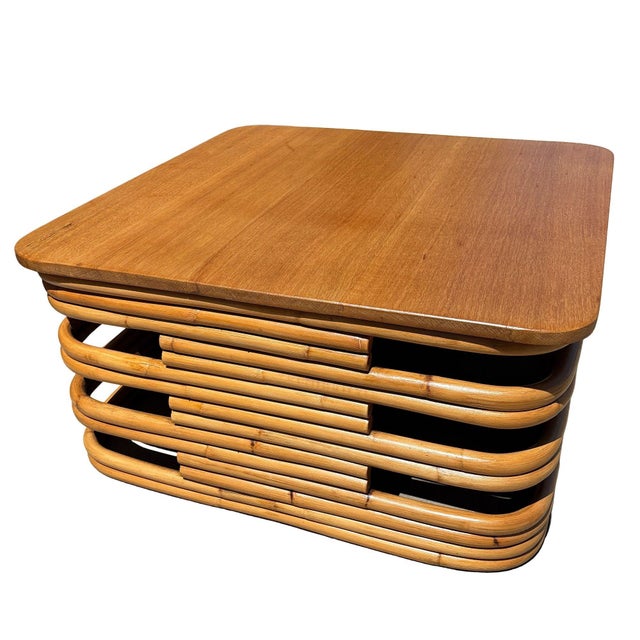 1940s Restored MCM Stacked Rattan Coffee Table W/ Rattan Wrapped Mahogany Top For Sale - Image 4 of 6