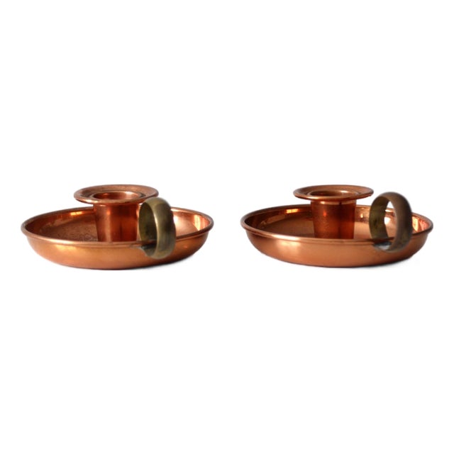 Vintage Copper and Brass Chamberstick Candlesticks Pair For Sale