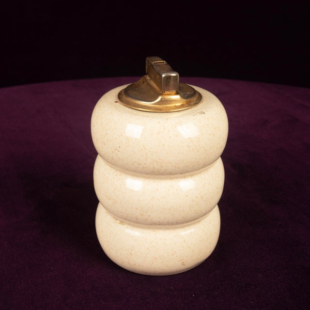 Cream Speckled Ceramic and Brass Table Lighter by Tommaso Barbi, 1970s For Sale - Image 9 of 15