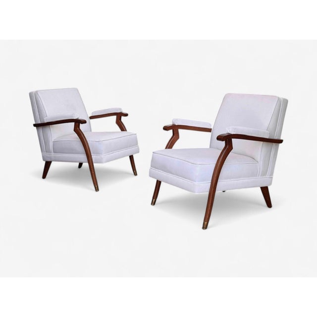 Maison Leleu Style, French Modern, White Mohair, Wood, Lounge Chairs, France c. 1970s Pair of stained wood and white...
