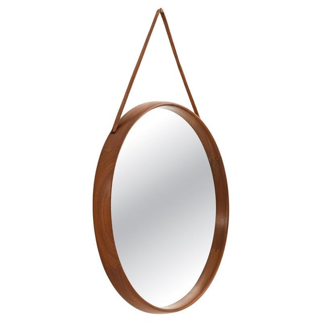 1950s Large Round Mirror with Teak Frame attributed to Uno and Östen Kristiansson, 1950s For Sale - Image 5 of 5