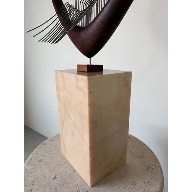1970s Mid-Century Modern Barbara Hepworth-Style Wood & Metal Abstract Sculpture on Marble Base For Sale - Image 13 of 16