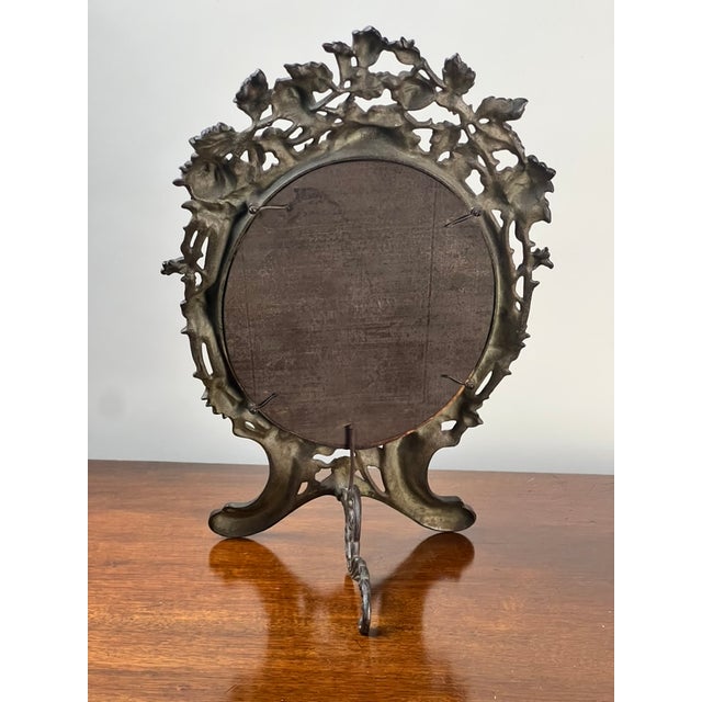 Brass Antique Art Nouveau Silvered Cast Brass Rose Vanity Dressing Mirror, Dated 1909 For Sale - Image 8 of 10