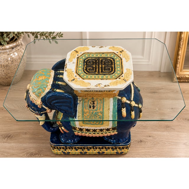 1970s Vintage Chinese Glazed Ceramic Royal Elephant Garden Seat, Side Table, With Custom Glass Top, Chinoiserie For Sale - Image 5 of 7