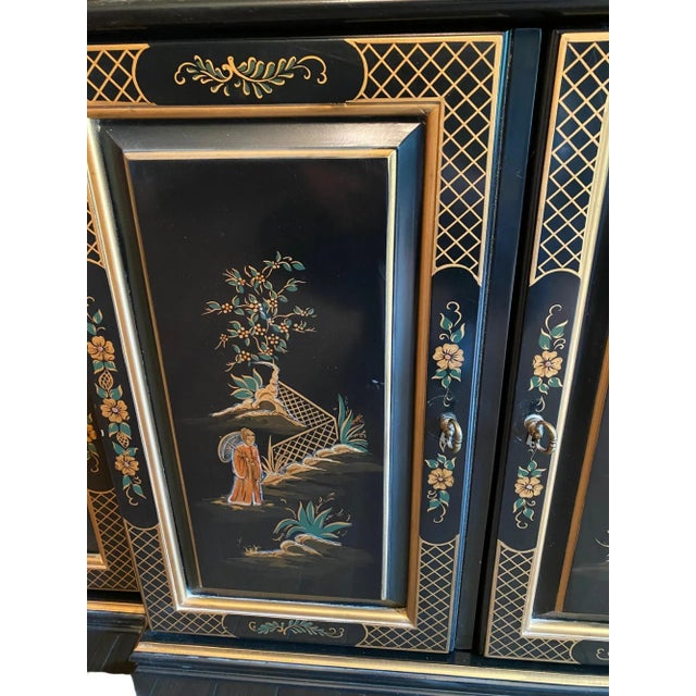 Wood Ethan Allen Hand Painted Black Chinoiserie Asian China Display Cabinet For Sale - Image 7 of 10