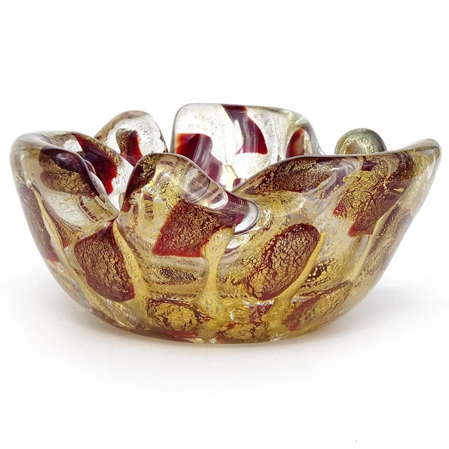Mid-Century Modern Vintage Murano Barovier Toso Red Spots Gold Flecks Italian Art Glass Mid Century Bowl Ashtray For Sale - Image 3 of 6