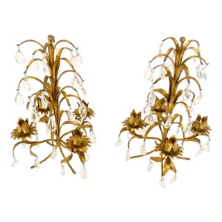 Late 20th Century Decorative Italian Gold Gilt Metal & Crystals Candle Stands MINT For Sale
