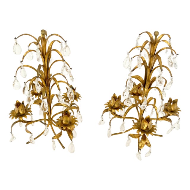 Late 20th Century Decorative Italian Gold Gilt Metal & Crystals Candle Stands MINT For Sale
