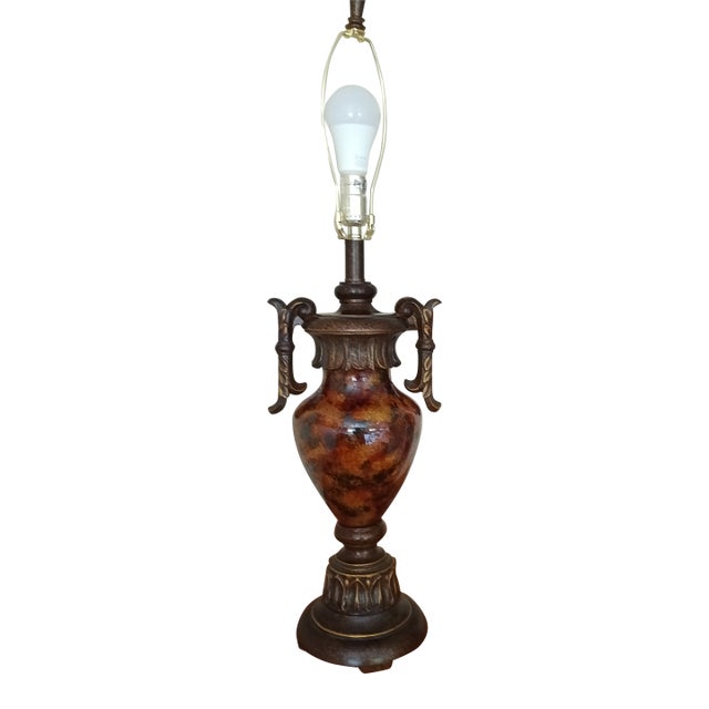 1990s Tuscan Marbled Amber & Bronze Scroll Table Lamp — Old World Revival For Sale