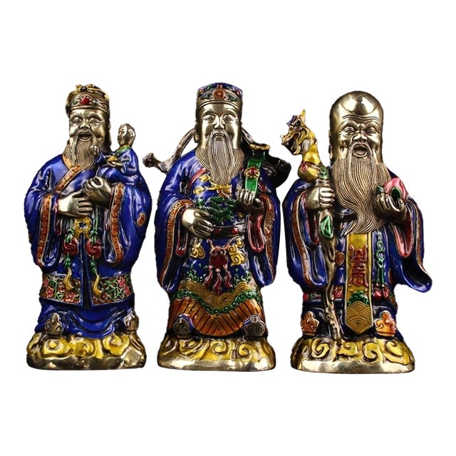 Late 19th Century Set of 3 Gilt Bronze and Enamel Fu Lu Shou Statues, 1.8kg Each For Sale