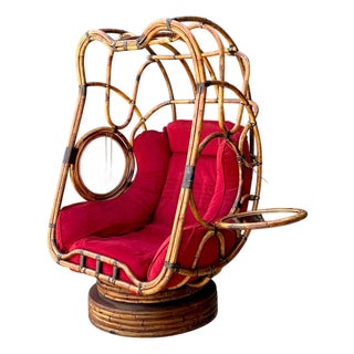 Vintage Bent Rattan Swivel Lounge Chair With Flip Down Side Tables For Sale