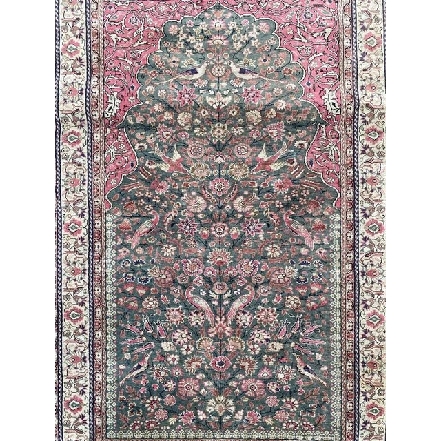 Pretty mid century Turkish silk Kayseri rug with nice floral design and beautiful colors with a green field color,...