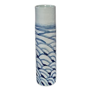 Vintage Gump's Blue & White Tall Ceramic Vase For Sale