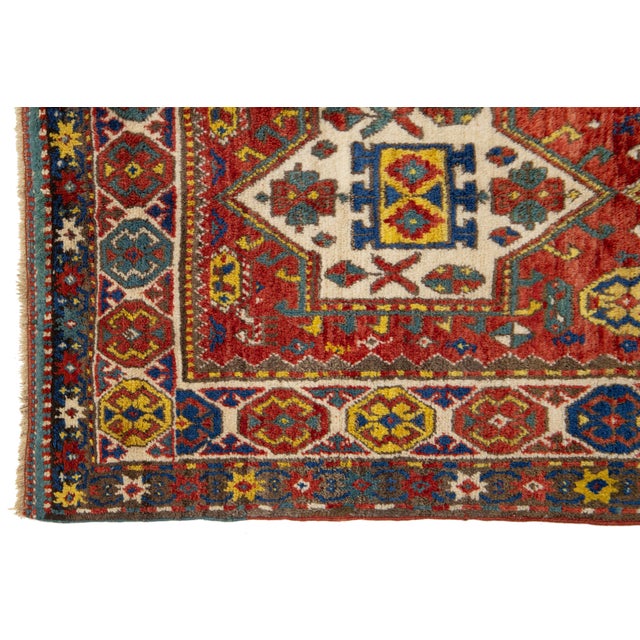 Red Vintage Kazak Caucasian Wool Runner With Multicolor Geometric Design For Sale In New York - Image 6 of 8