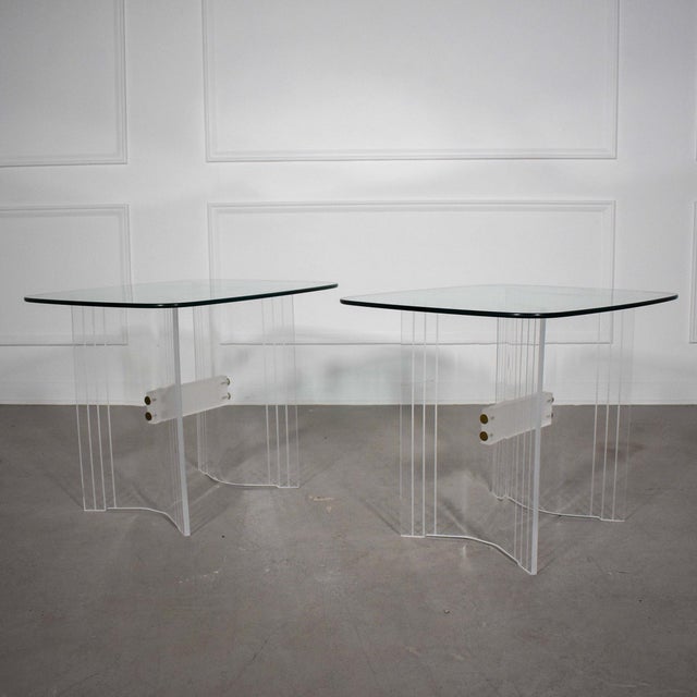 1970's Modern Lined Lucite Trio of Pedestal Tables - Set of 3 For Sale - Image 10 of 10