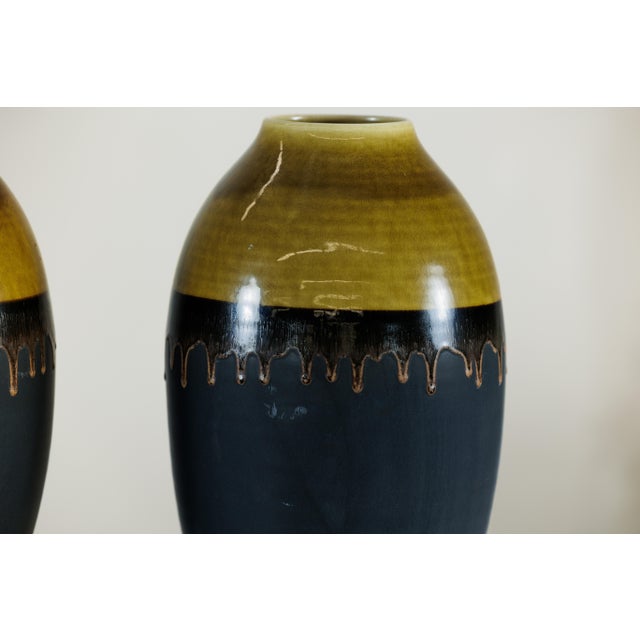 Ceramic Large Artisan Ceramic Vases with Olive-Taupe and Black Drip Glaze Finish - A Pair For Sale - Image 7 of 18
