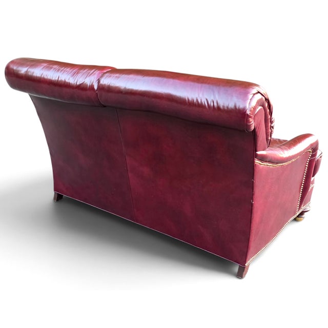 English Vintage Hickory Chair English Style Oxblood Leather Loveseat With Brass Nailhead Trim For Sale - Image 3 of 14
