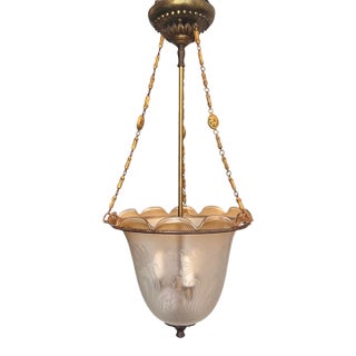 Art Deco Etched Glass Pendant Bell Jar/Hall Lantern Light With Amber Rim, C. 1930s For Sale