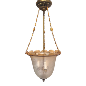 Art Deco Etched Glass Pendant Bell Jar/Hall Lantern Light With Amber Rim, C. 1930s