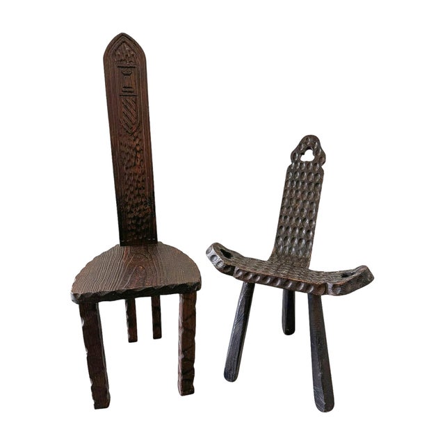 Folk Art Pair of 19th Century Folk Art Wooden Chairs Including Primitive Birthing Chair For Sale - Image 3 of 12