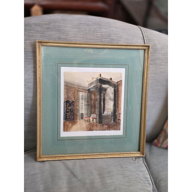 Beautiful watercolor sketch of interior with a canopy bed. This was painted by Lowell Groves.