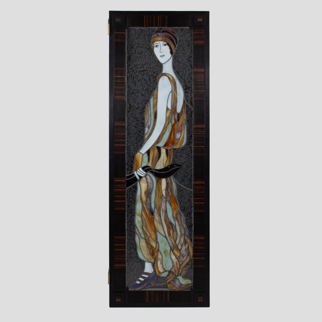 1920s Early 20th-Century American Art Deco Stained Glass Panels in Custom Macassar Screen For Sale - Image 5 of 18