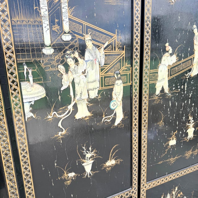Chinese Hand Painted and Mother of Pearl Room Divider/Screen - 4 Panels For Sale - Image 4 of 12