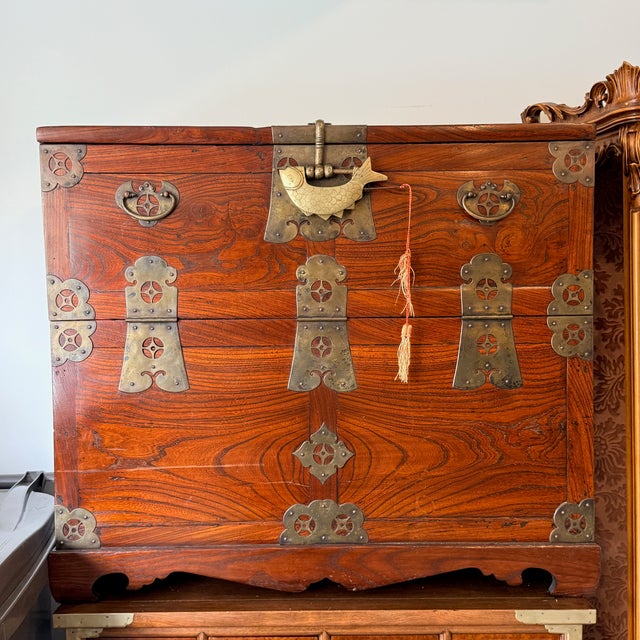 Wood Antique Korean Wedding Chest With Fish Lock For Sale - Image 7 of 8
