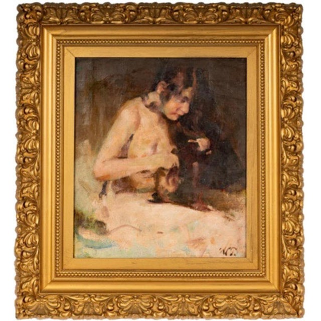 This is a charming Post-Impressionist painting of a young girl caught in an intimate moment of brushing her hair. William...