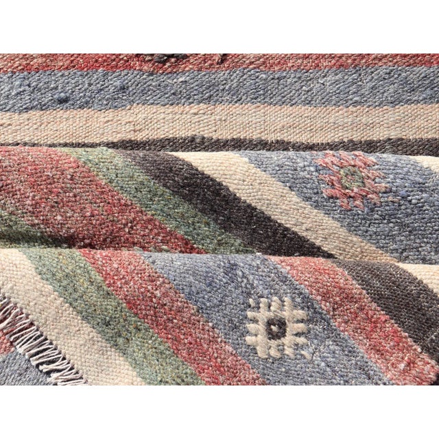 Mid 20th Century Turkish Vintage Kilim Striped Runner With Tribal Motifs in Copper and Greens For Sale - Image 12 of 12