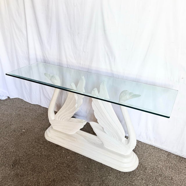 Hollywood Regency Hollywood Regency Wooden Swan Glass Top Console Table For Sale - Image 3 of 8