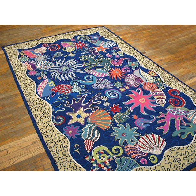 Mid-Century Modern Blue Color Ocean Seabed Design Wool Vintage Mid Century Modern European Needlepoint Art Rug For Sale - Image 3 of 5