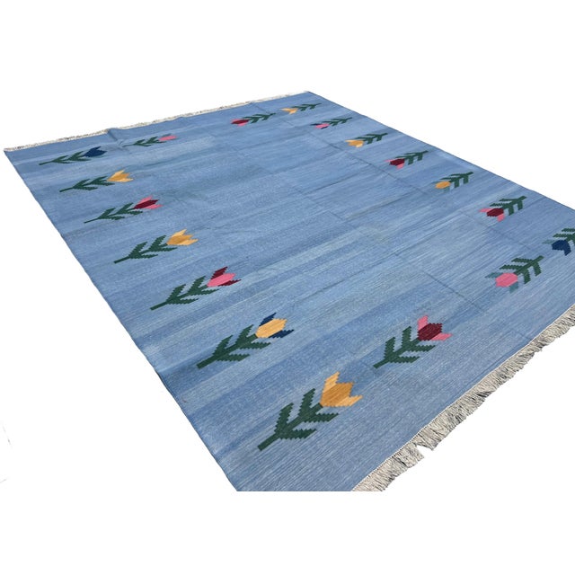 Handmade Cotton Vegetable Dyed Flat Weave Area Rug, Sky Blue Leaf Dhurrie - 8'x10' For Sale - Image 9 of 13