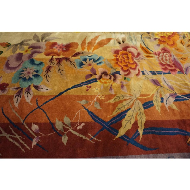 1920s Ivory Scenic Floral Antique Chinese Art Deco Rug 8'10" X 11'6" Handknotted Wool Carpet For Sale - Image 12 of 18