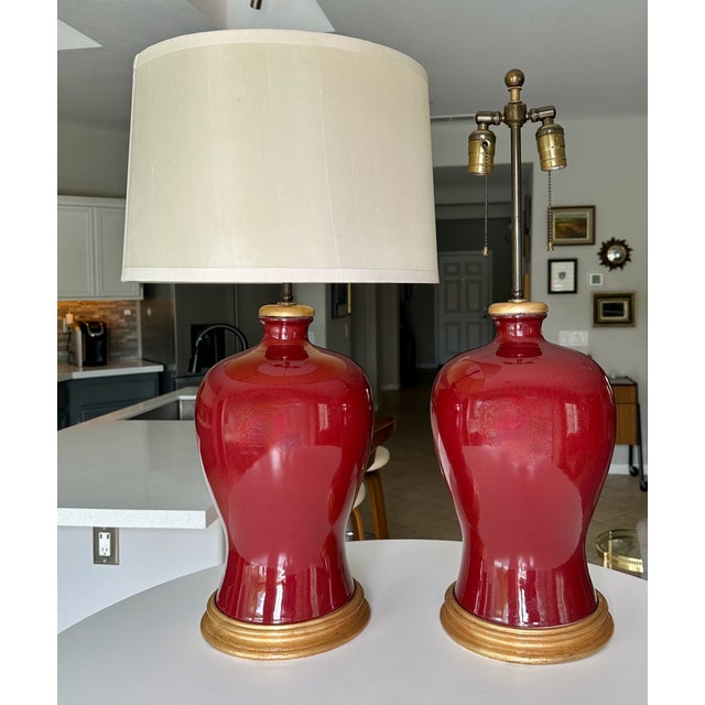 1960s Pair Asian Sang De Boeuf Oxblood Meiping Porcelain Table Lamps For Sale - Image 18 of 18